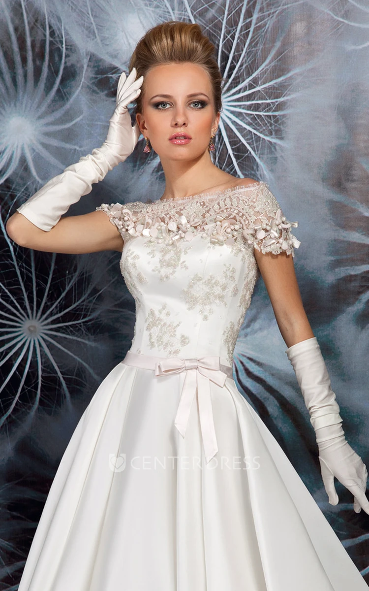 A-Line Maxi Appliqued Cap Sleeve Bateau Neck Satin Wedding Dress