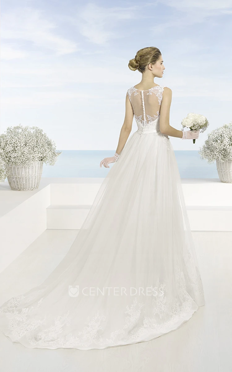 A-Line Bateau Sleeveless Floor-Length Appliqued Tulle Wedding Dress With Criss Cross And Waist Jewellery