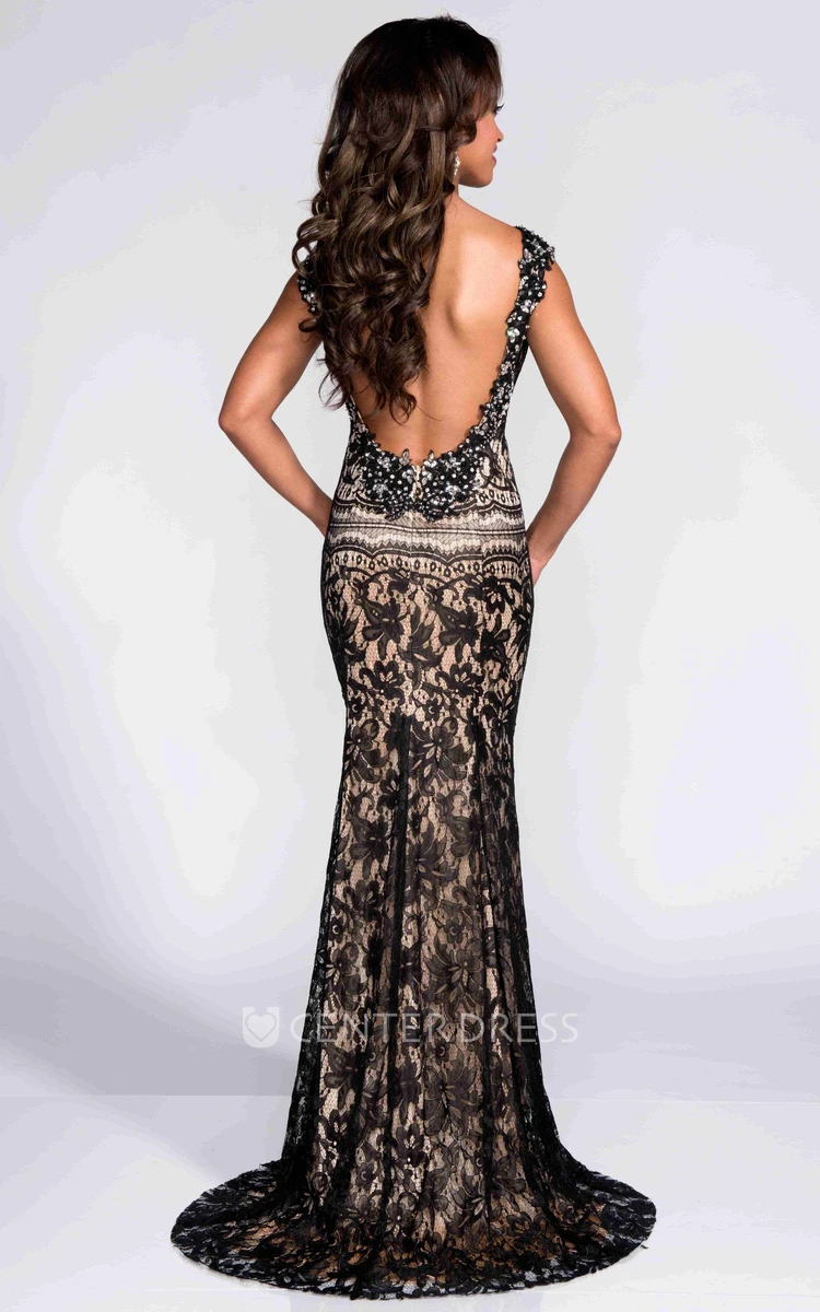 Backless V-Neck Sheath Lace Prom Dress With Cap Sleeve