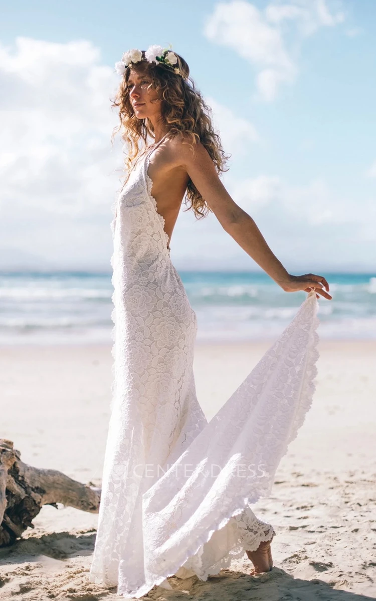 Beach Floral Mermaid Bohemian Lace Wedding Dress Elegant Sexy Sleeveless Backless Halter Plunging Neck Bridal Gown