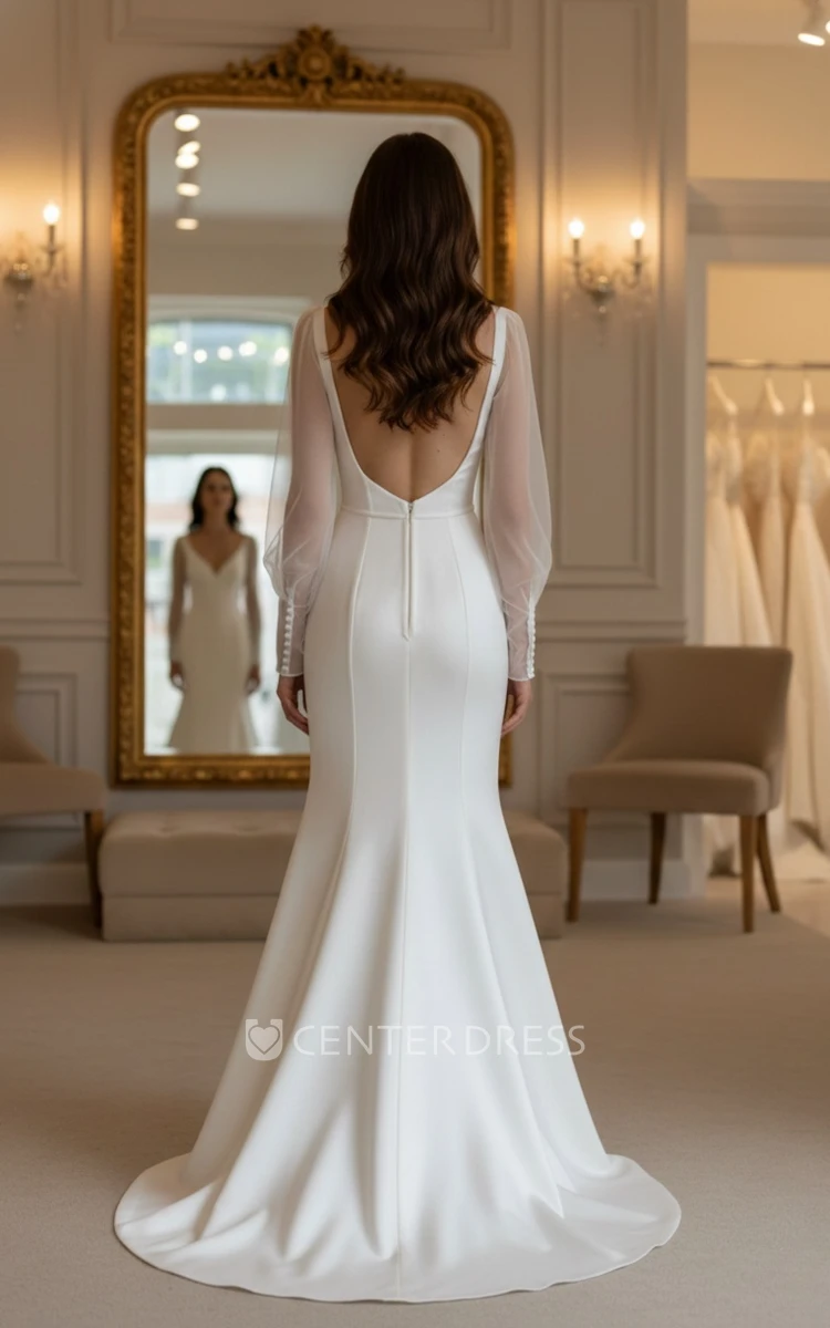 Mermaid Elegant Open Back Square Neck Satin Spring Wedding Dress with Illusion Long Sleeve