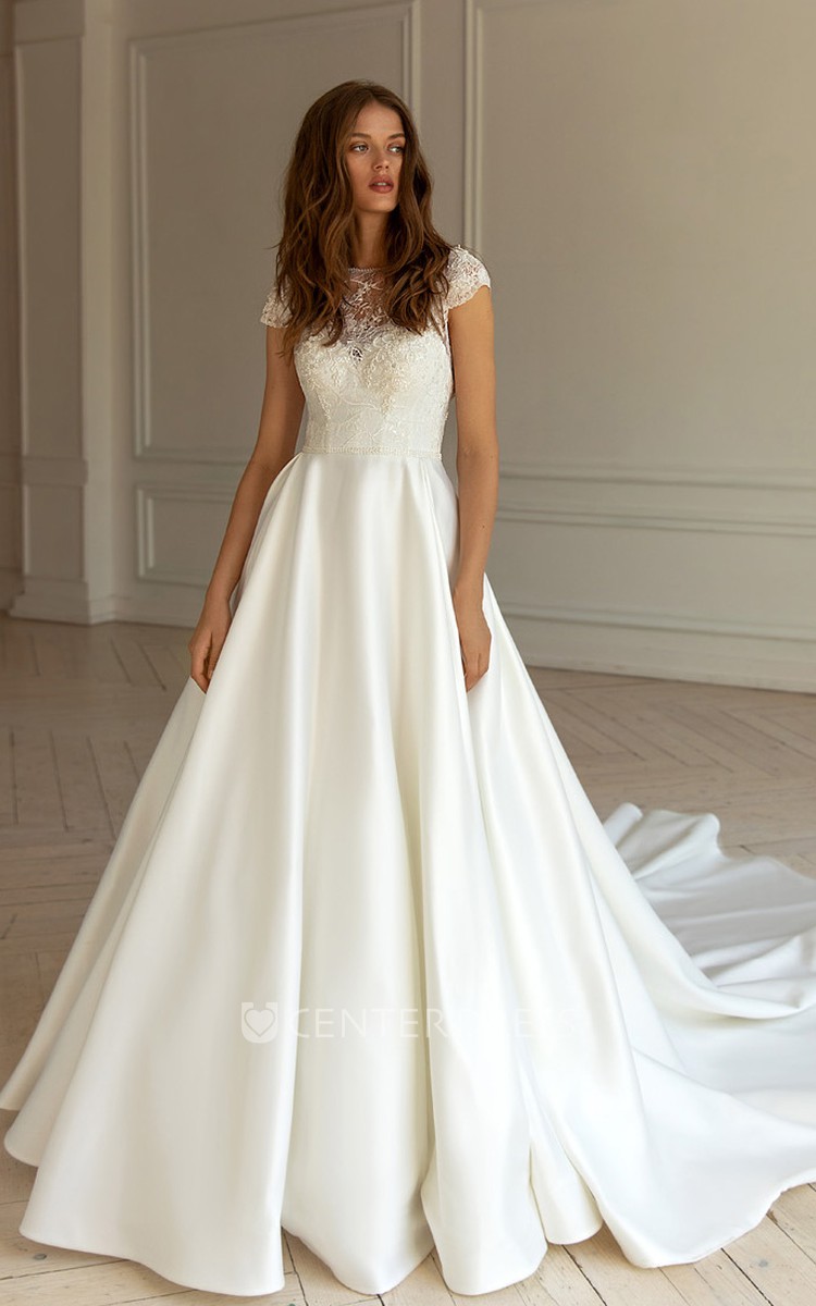 A line lace wedding store dress with short sleeves