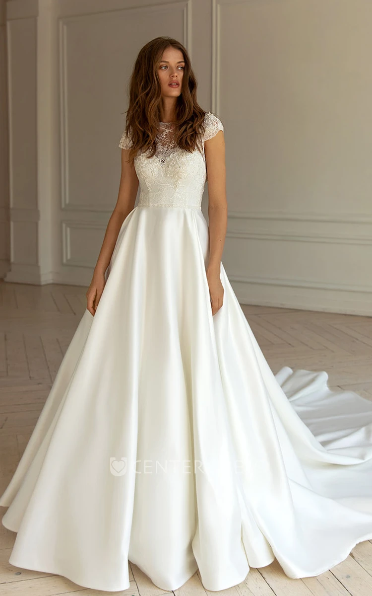 Modern Lace A Line Floor-length Short Sleeve Jewel Wedding Dress with Appliques