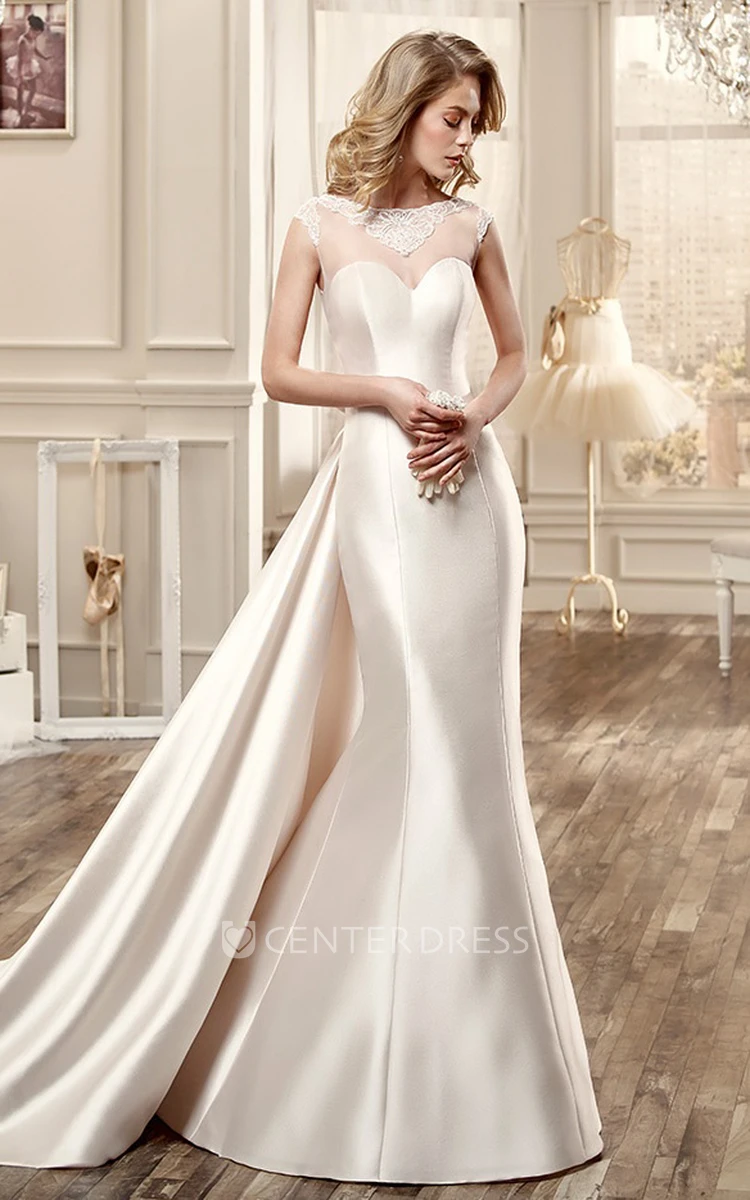 Sweetheart Cap-Sleeve Satin Wedding Dress With Large Back Bow And Illusive Back