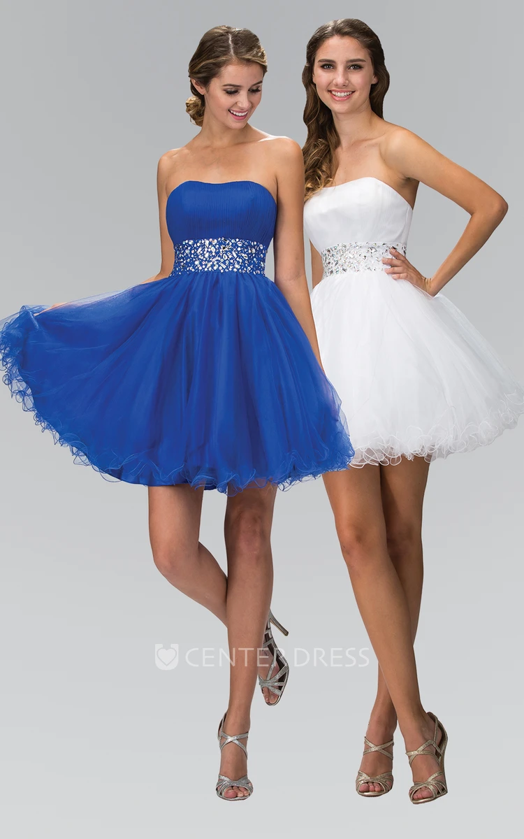 A-Line Short Strapless Sleeveless Tulle Lace-Up Dress With Beading And Ruffles