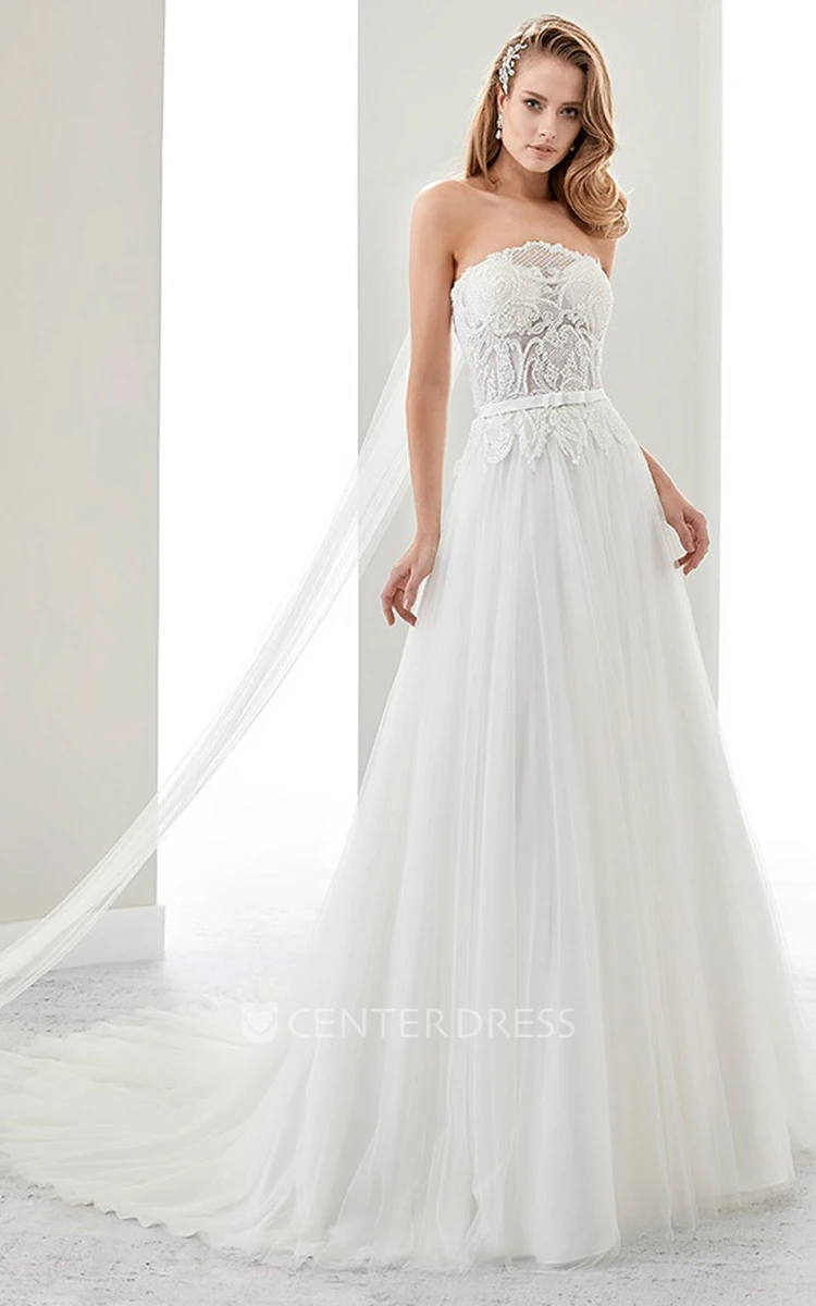 Strapless Draping Bridal Gown With Floral Lace Bodice And Open Back
