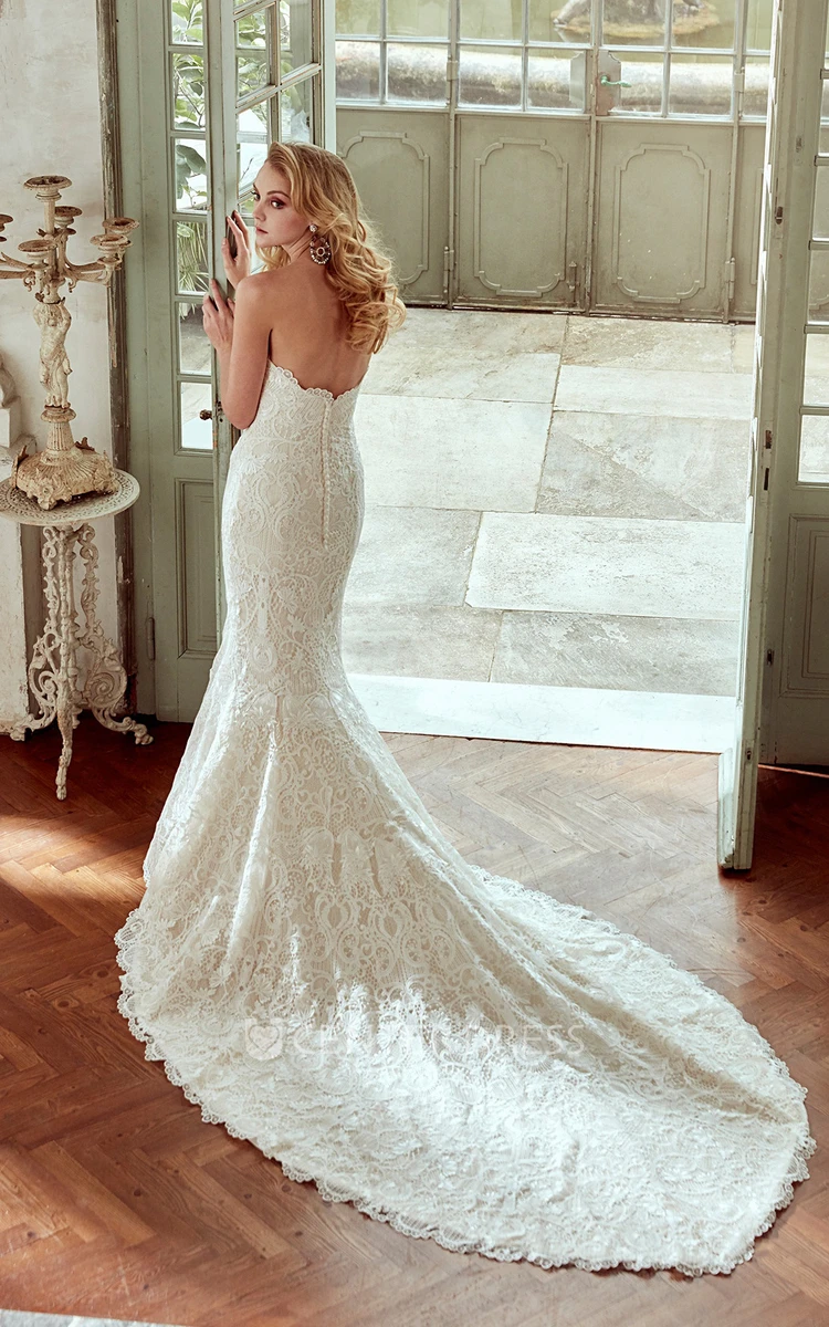 Sweetheart Sheath Lace Wedding Dress With Court Train And Beaded Belt