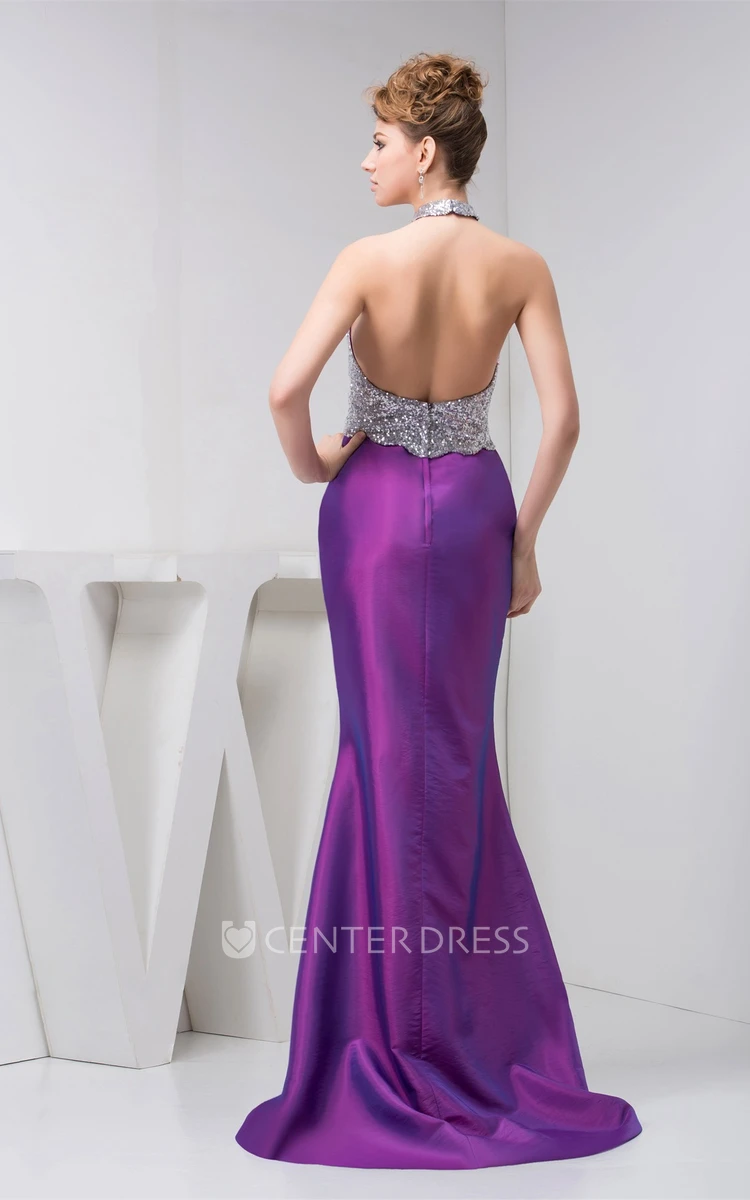 Halter Sleeveless Front-Split Satin Mermaid Prom Dress with Sequins and Keyhole