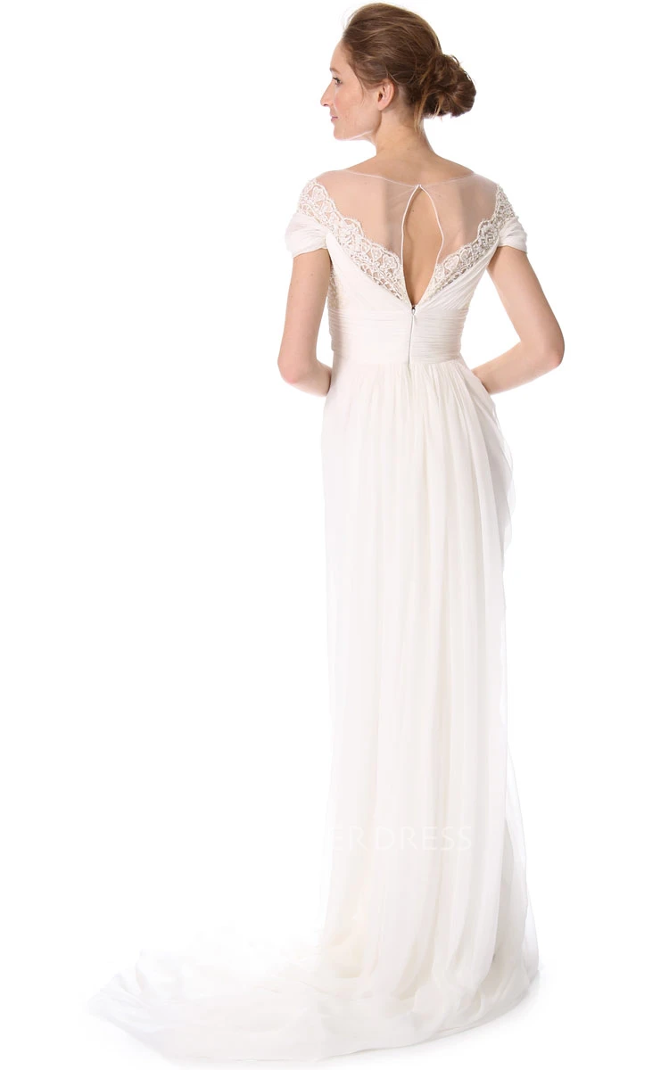 Off-Shoulder Empire Chiffon Sweep Train Dress With Keyhole Back Style
