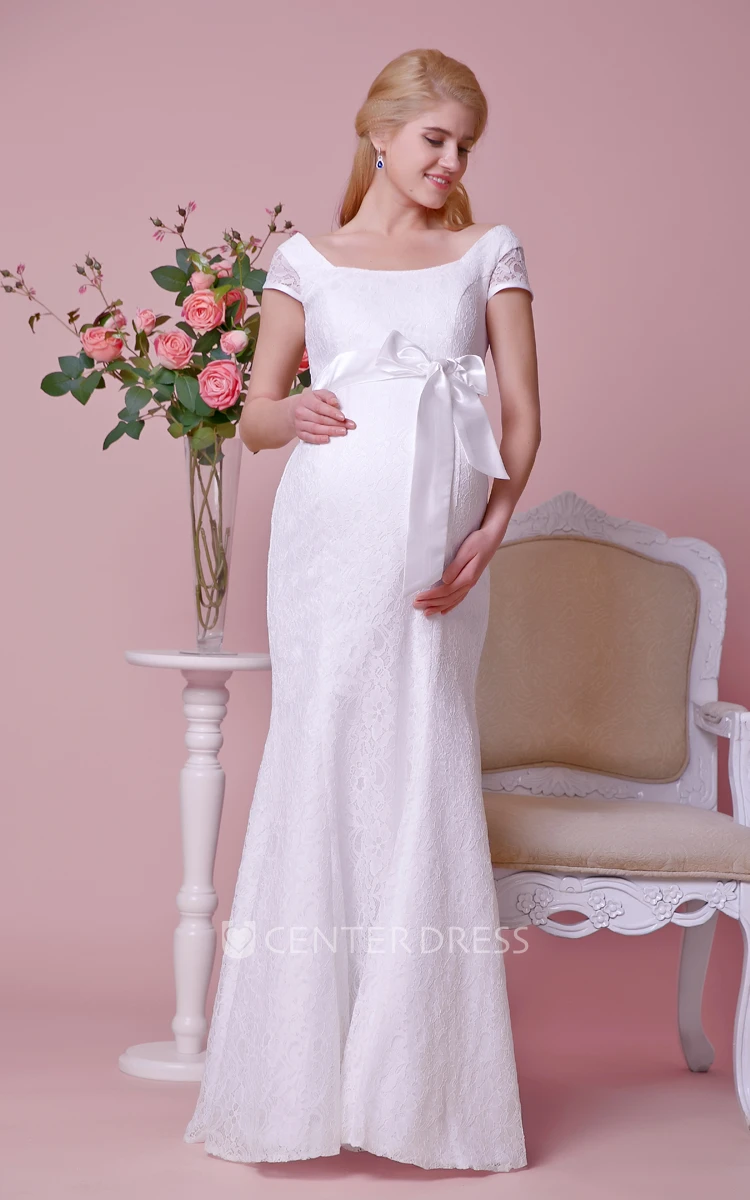 Cap-Sleeve Lace Mermaid Maternity Wedding Dress With Squared Neck and Sash