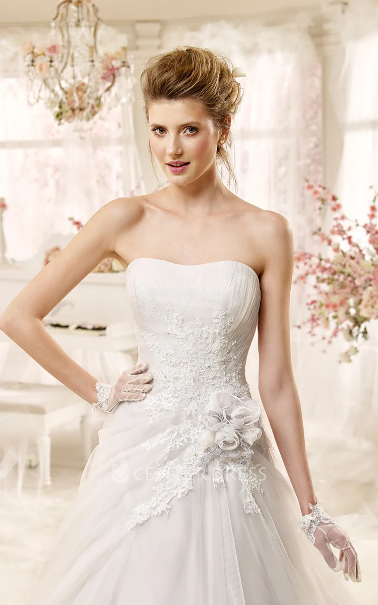 Strapless Applique A-line Wedding Dress With Flowers and Asymmetrical Overlayer 