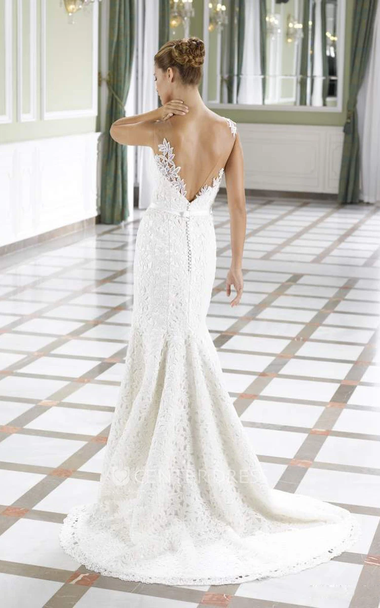 Sheath Floor-Length Scoop Sleeveless Lace Wedding Dress With Brush Train And Deep-V Back