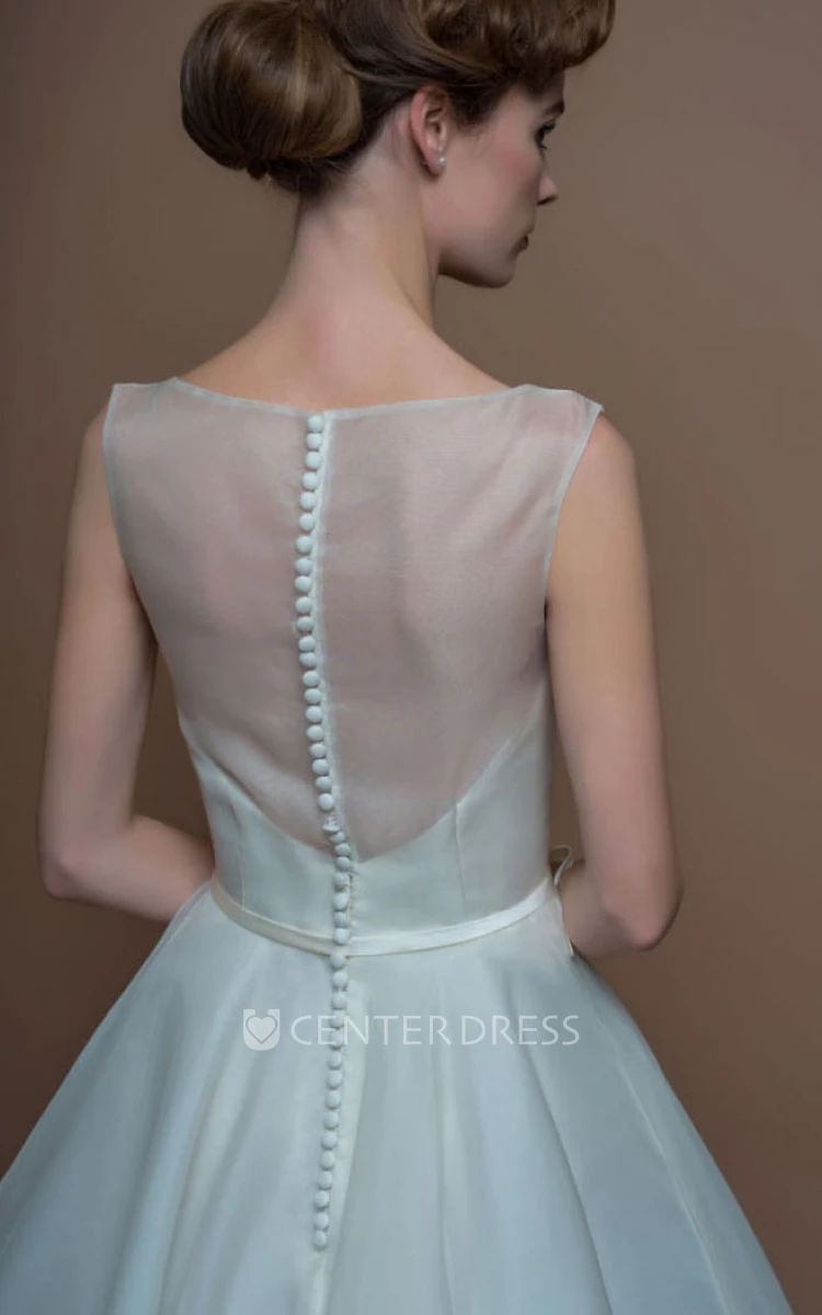 A-Line Tea-Length Sleeveless Bateau-Neck Organza Wedding Dress With Illusion