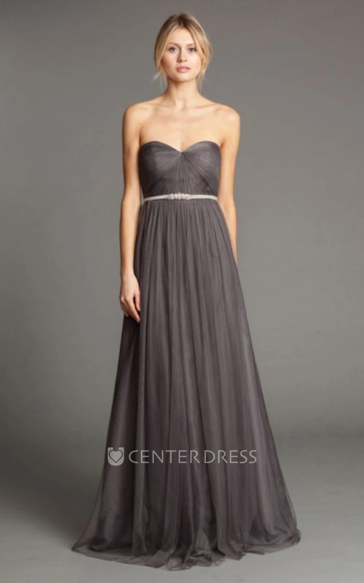 A-Line Sleeveless Maxi Sweetheart Ruched Tulle Bridesmaid Dress