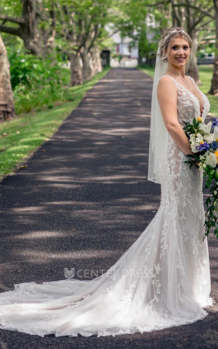 Strap Lace Mesh Mermaid Wedding Dress Elegant Petals Sexy Deep-V Illusion Back Trailing Bridal Gown