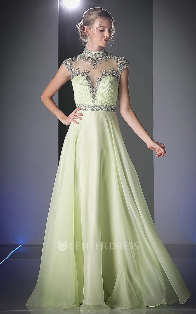 A-Line Maxi High Neck Cap-Sleeve Illusion Dress With Beading And Ruching