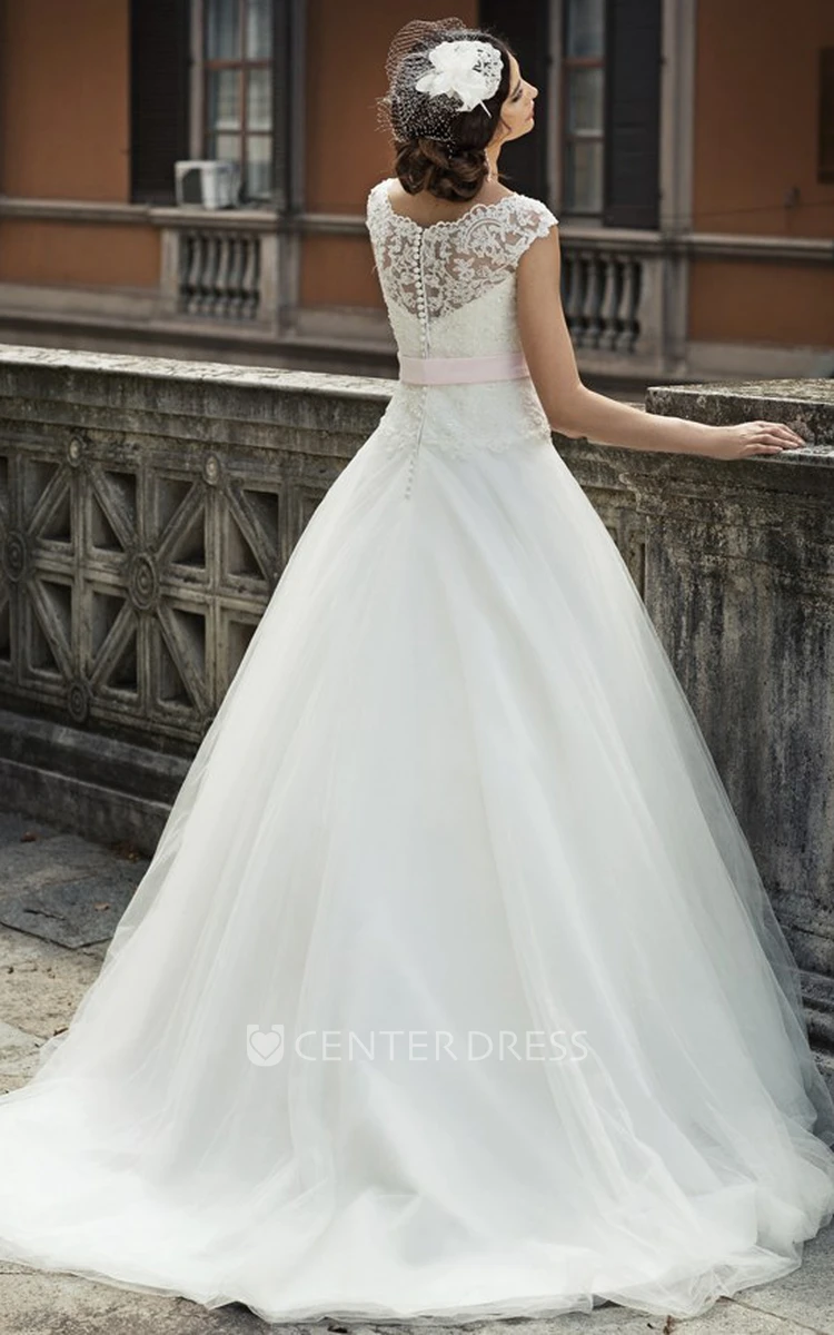 Ball Gown V-Neck Appliqued Cap-Sleeve Long Tulle Wedding Dress With Waist Jewellery