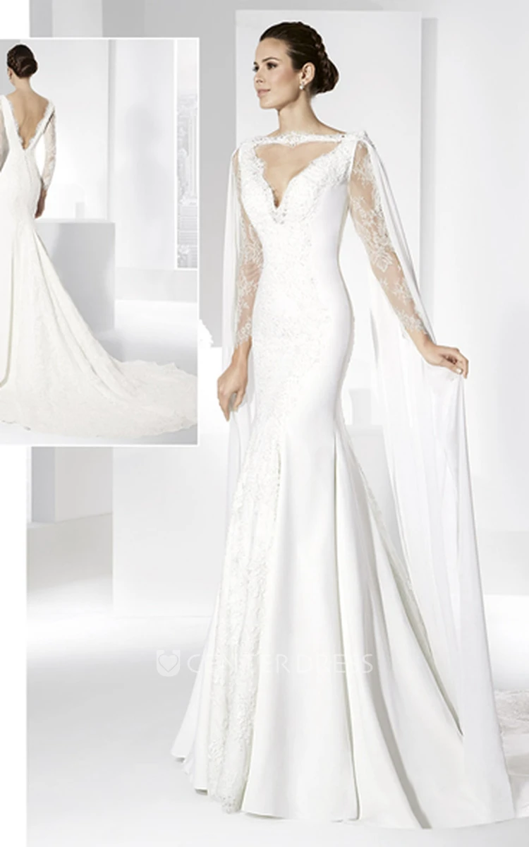 Trumpet Long-Sleeve Maxi Bateau-Neck Lace Wedding Dress With Appliques And V Back
