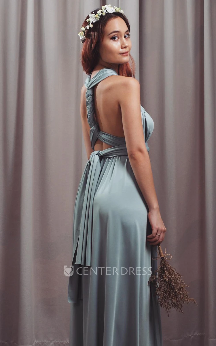 Romantic Jersey Convertible Halter Neckline A Line Bridesmaid Dress With Open Back And Sash