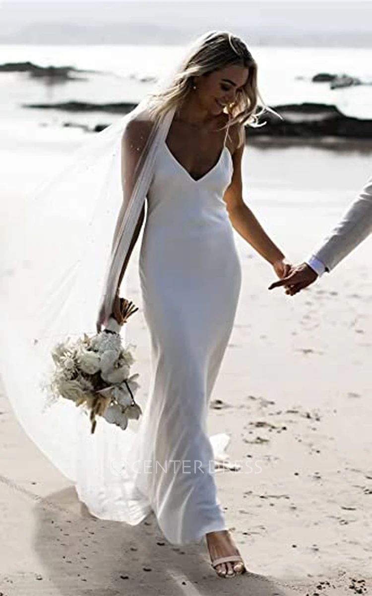 Elegant Beach Garden Spaghetti Satin Sheath Wedding Dress Sleeveless