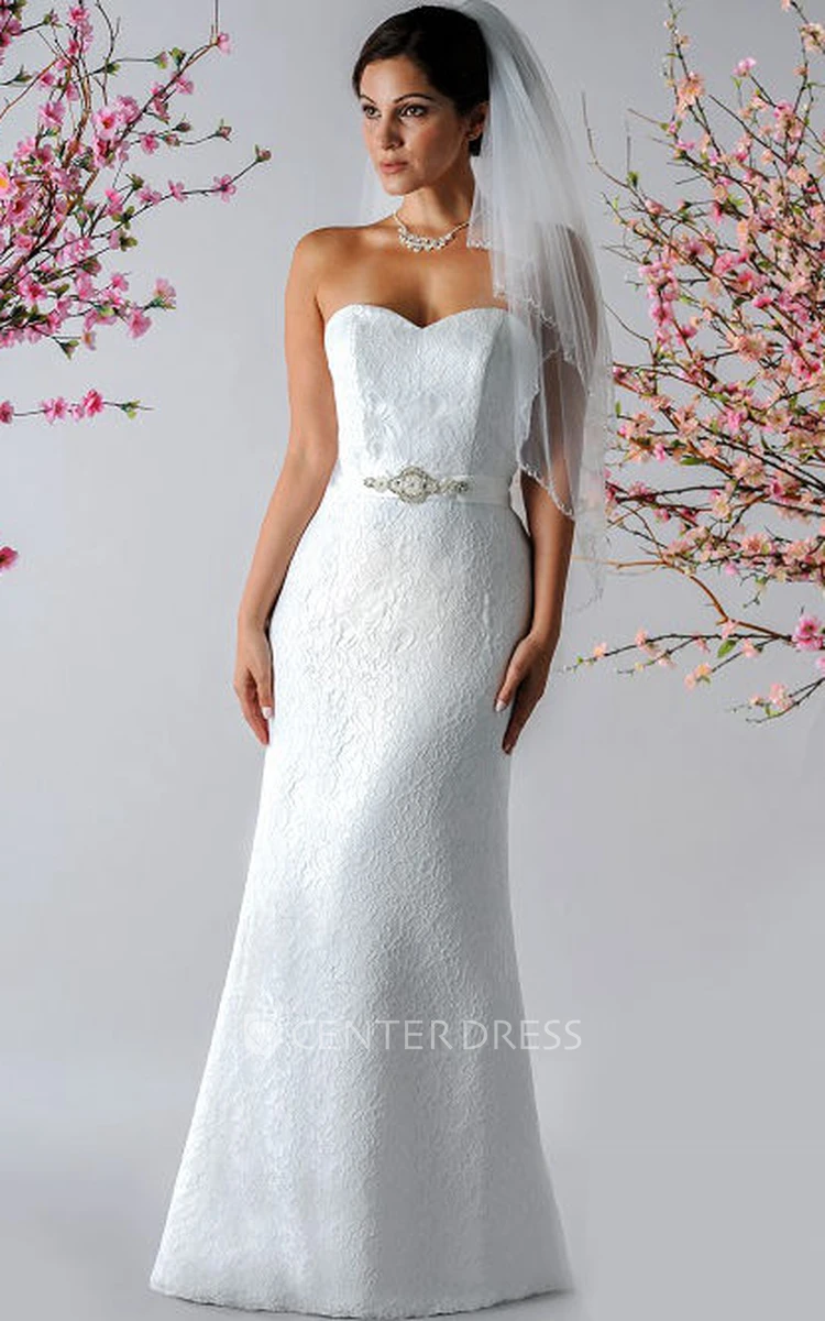 Sweetheart Sheath Lace Bridal Gown With Pearl Satin Sash