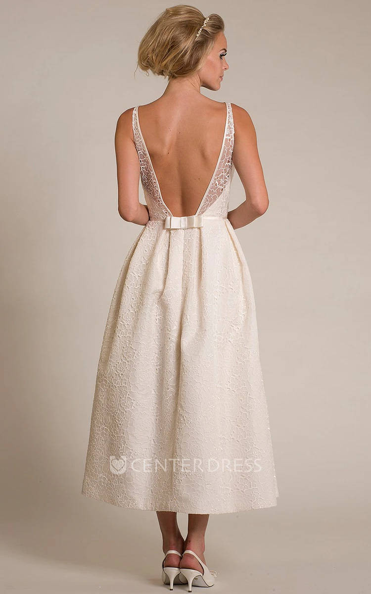 A-Line Tea-Length Sleeveless Bateau-Neck Lace Wedding Dress With Deep-V Back