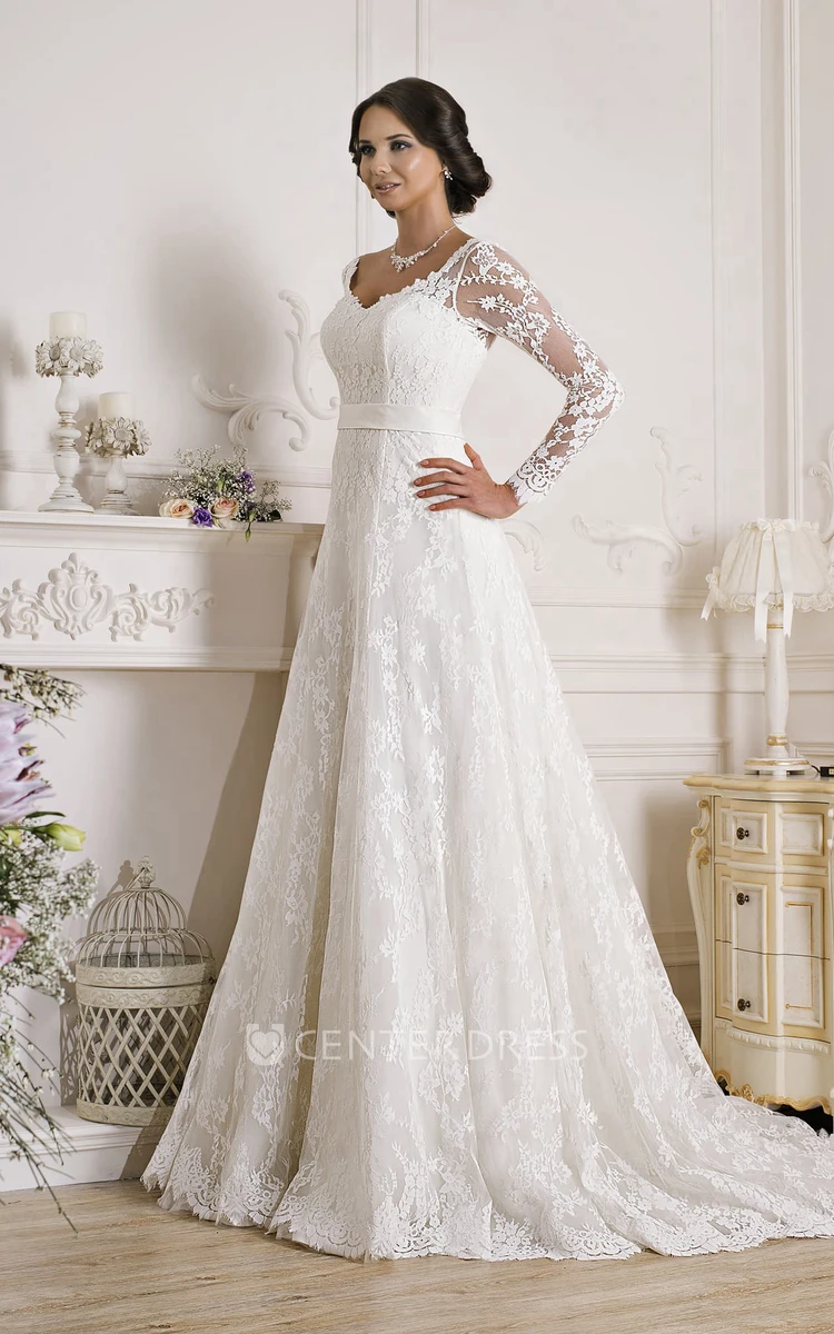 A-Line Floor-Length V-Neck Illusion-Sleeve Corset-Back Lace Dress With Appliques And Bow