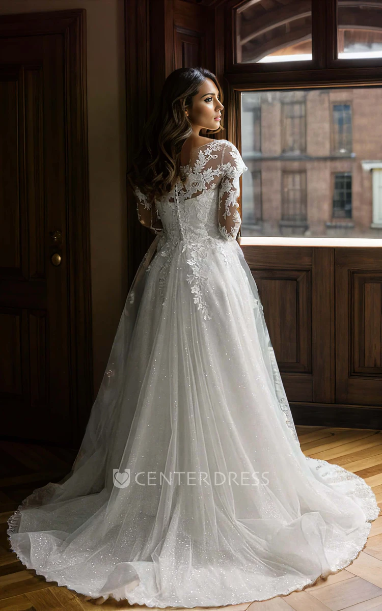 V-neck Lace Ethereal Elegant Fairy Long Sleeve A-Line Wedding Dress with Court Train Button Back