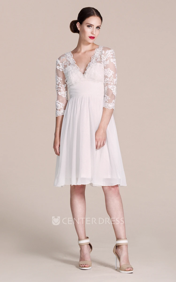 3/4 Sleeve V-neck A-line Lace Chiffon Short Knee-length Wedding Dress