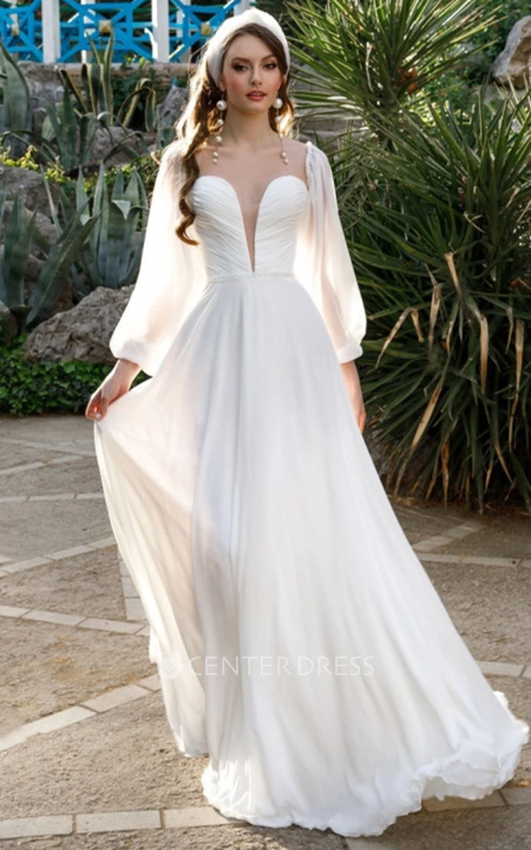 Exquisite A-Line Chiffon Plunging Neckline Floor-length Wedding Dress