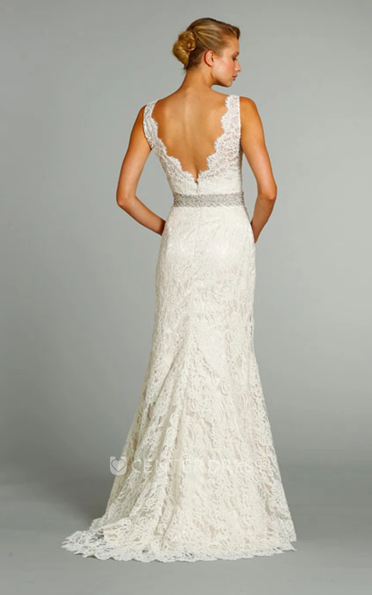 Stunning V-Neck Long Lace Gown With Crystal Embroidered Belt