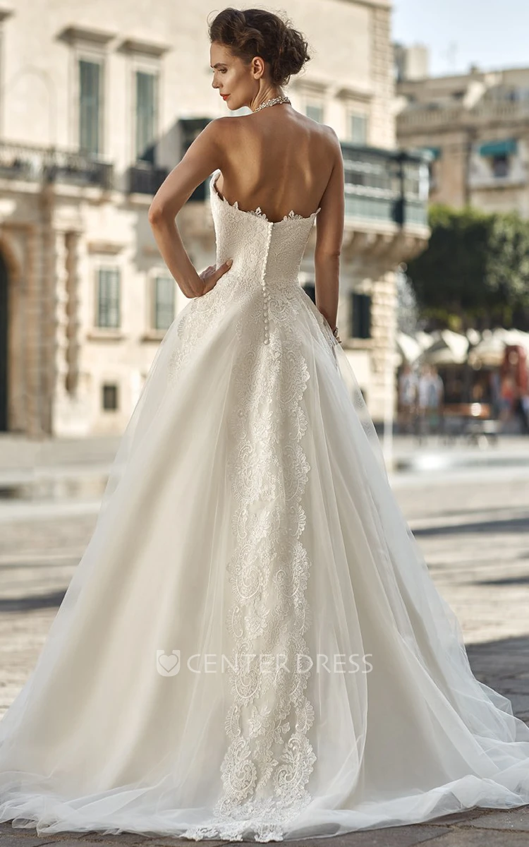 A-Line Sweetheart Appliqued Floor-Length Sleeveless Tulle Wedding Dress
