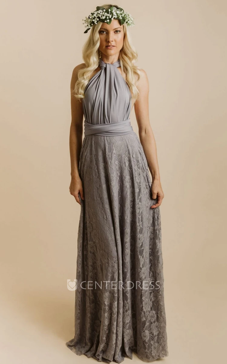 Simple Informal Convertible Straps A-Line Jersey Lace Bridesmaid Dress With Open Back And Sash