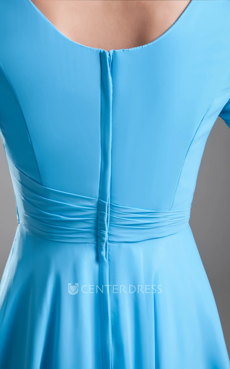 Chiffon Sleeve Square-Neck Midi Dress With Draping