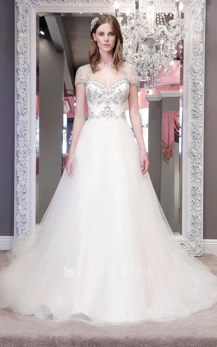 Ball-Gown Bateau Short-Sleeve Long Beaded Tulle Wedding Dress With Keyhole Back And Ruffles