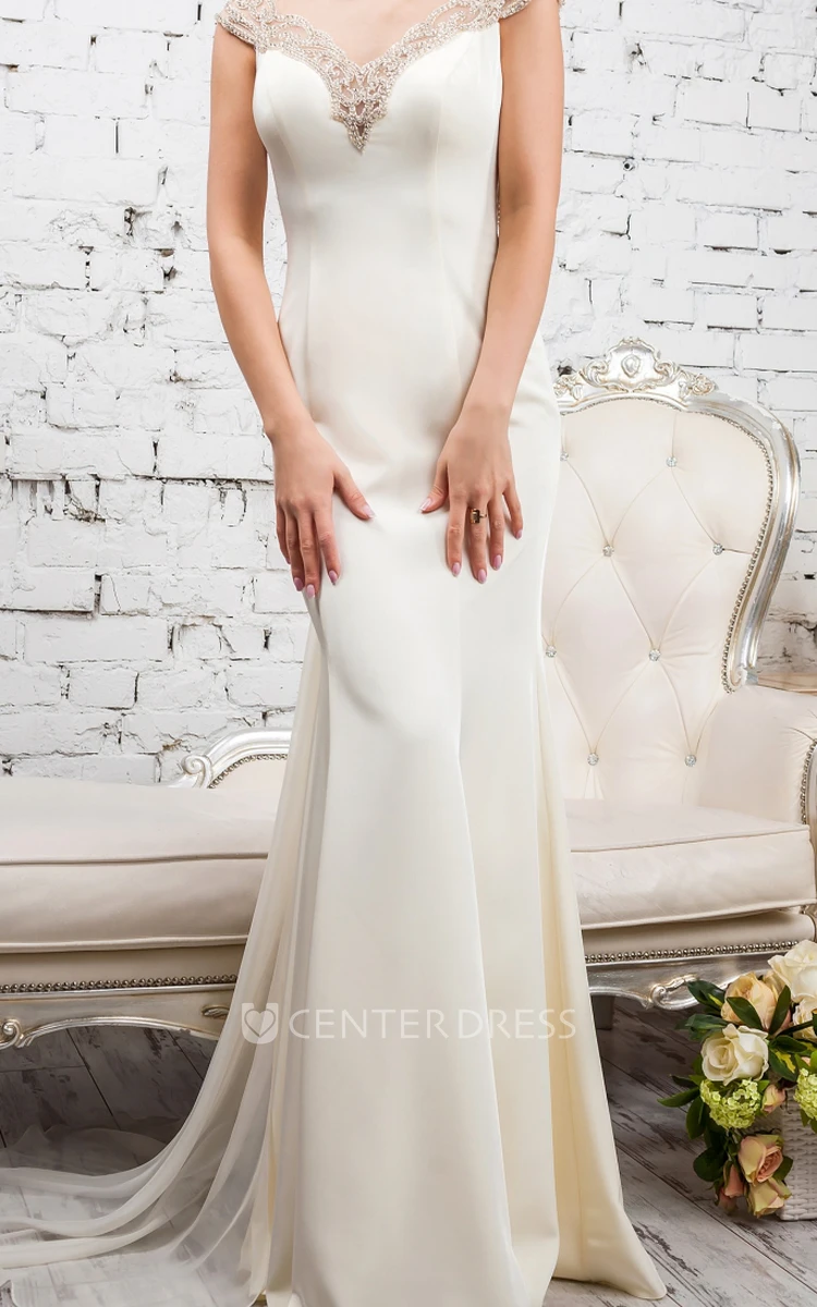 Sheath Floor-Length Cap-Sleeve Scoop-Neck Beaded Satin&Tulle Wedding Dress