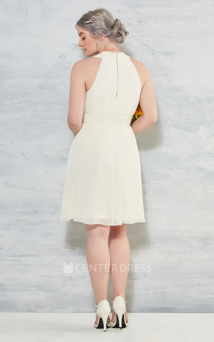 V-Neck Knee-Length Sleeveless Chiffon Wedding Dress With Ruching And Zipper
