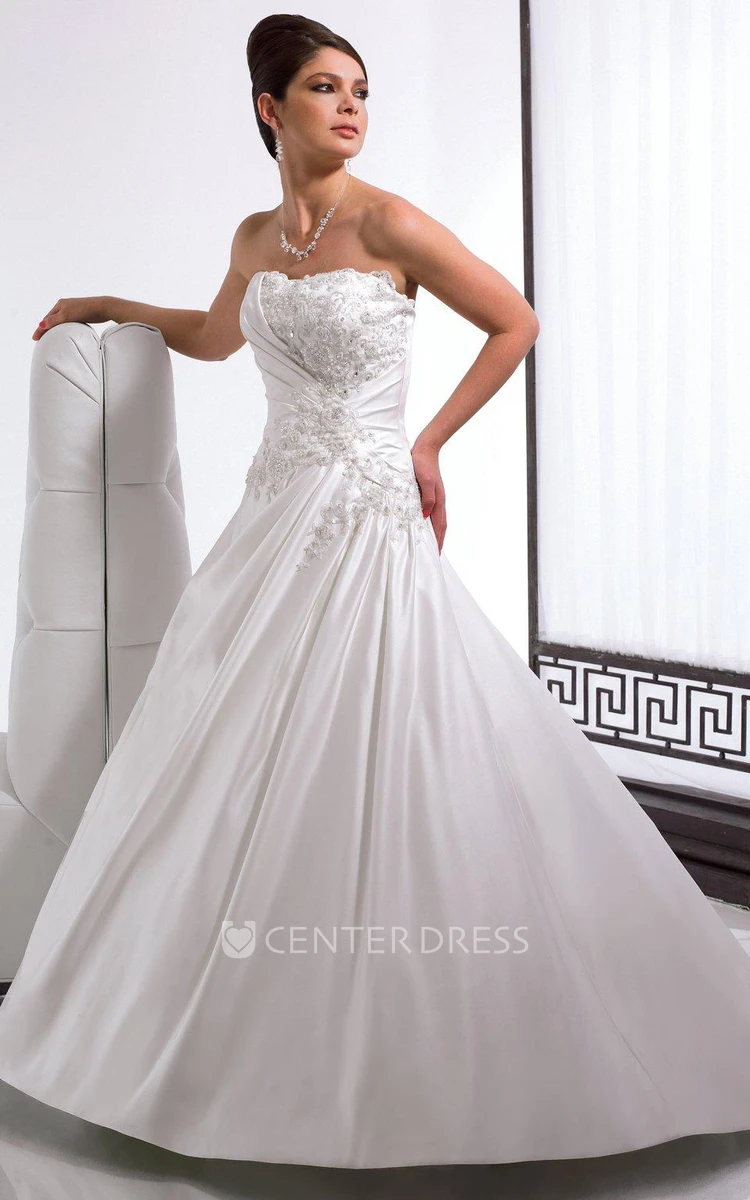 A-Line Appliqued Long Sleeveless Strapless Satin Wedding Dress With Draping And Corset Back