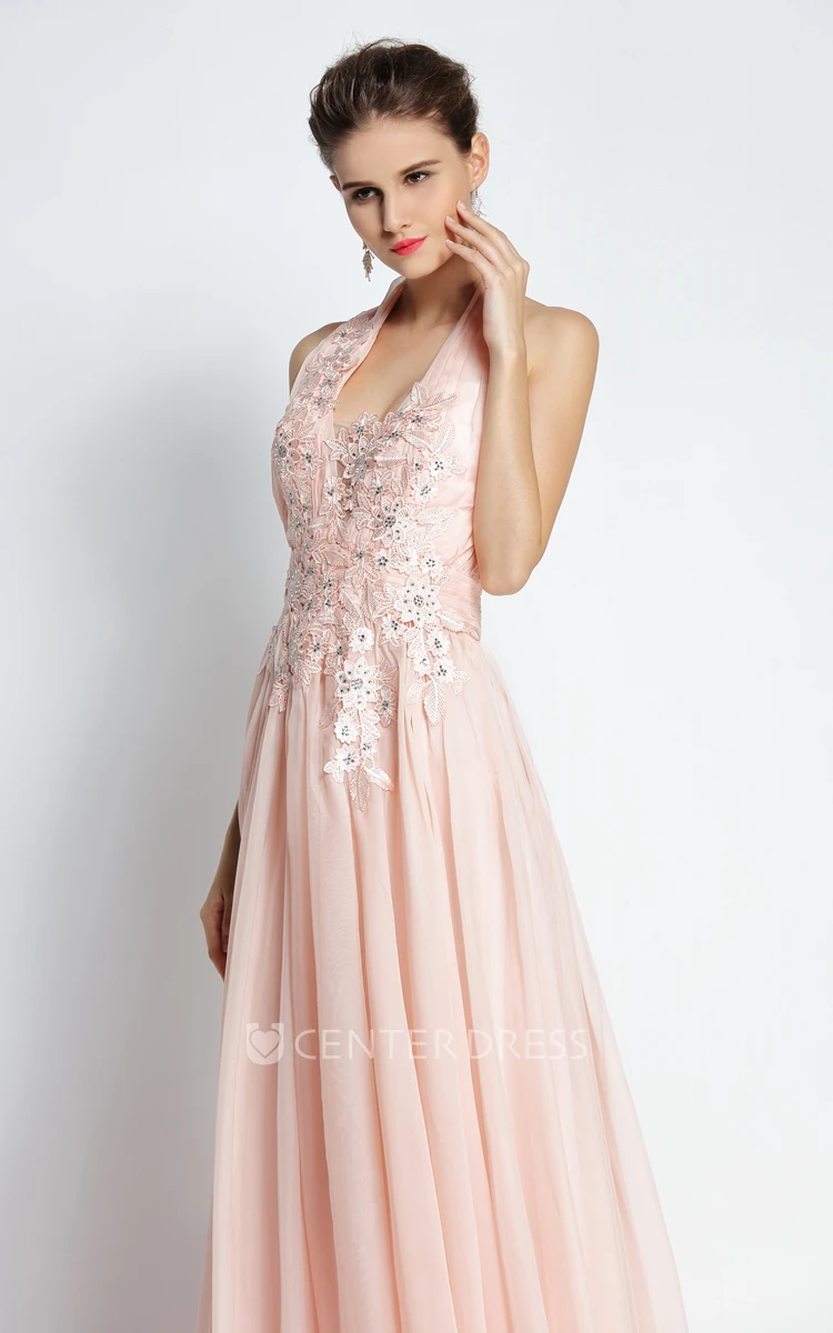 Floor-length Sweep Brush Train Sleeveless A-Line Halter Chiffon Prom Dress with Appliques and Beading