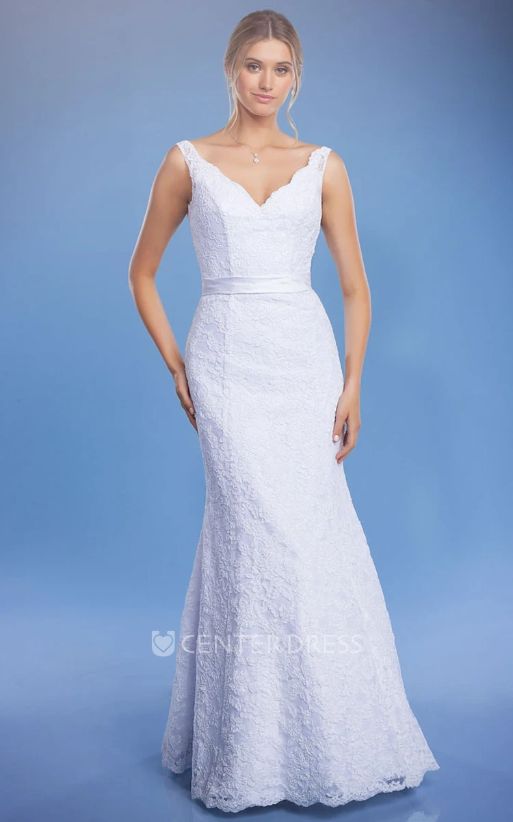 Sheath Sleeveless V-Neck Floor-Length Lace Wedding Dress With Low-V Back