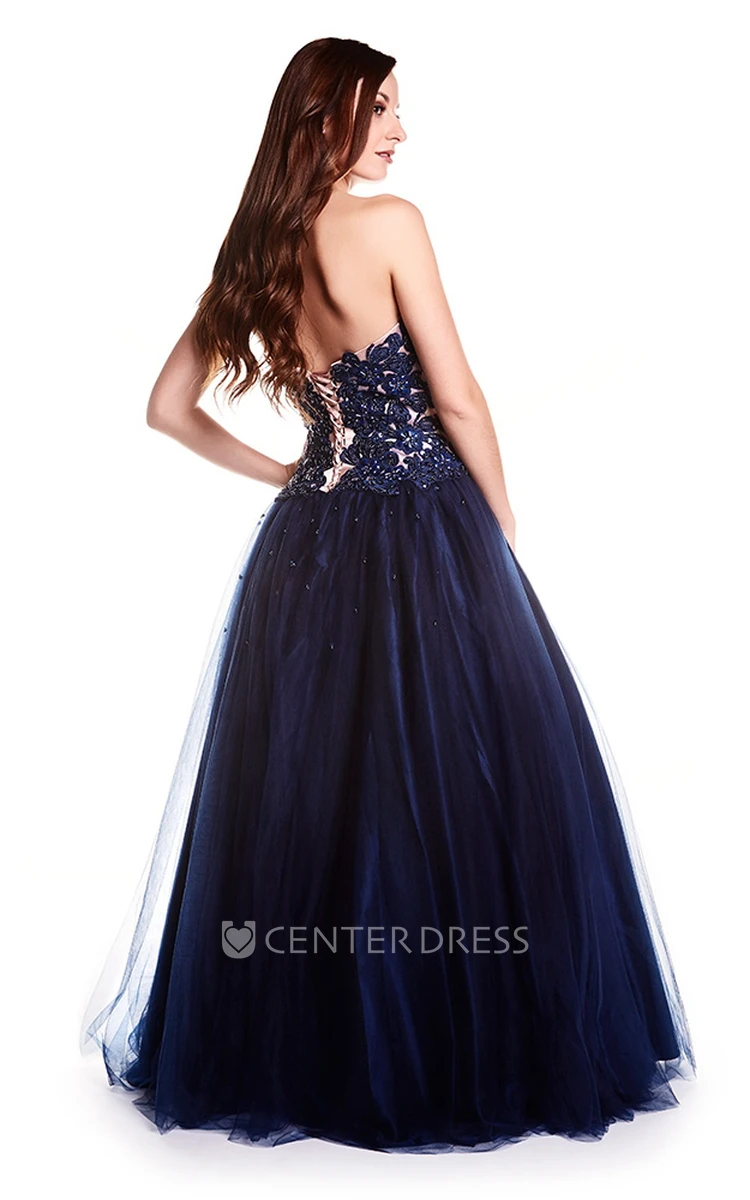 A-Line Sleeveless Maxi Sweetheart Appliqued Tulle Prom Dress With Lace-Up Back And Beading