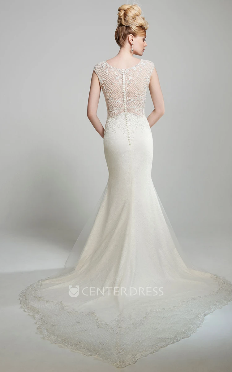Trumpet Long Cap-Sleeve Lace Wedding Dress With Chapel Train And Illusion Back