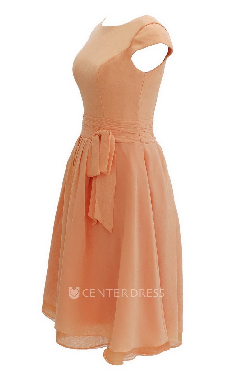 Cap-sleeved Knee-length Chiffon Dress With Ribbon - UCenter
