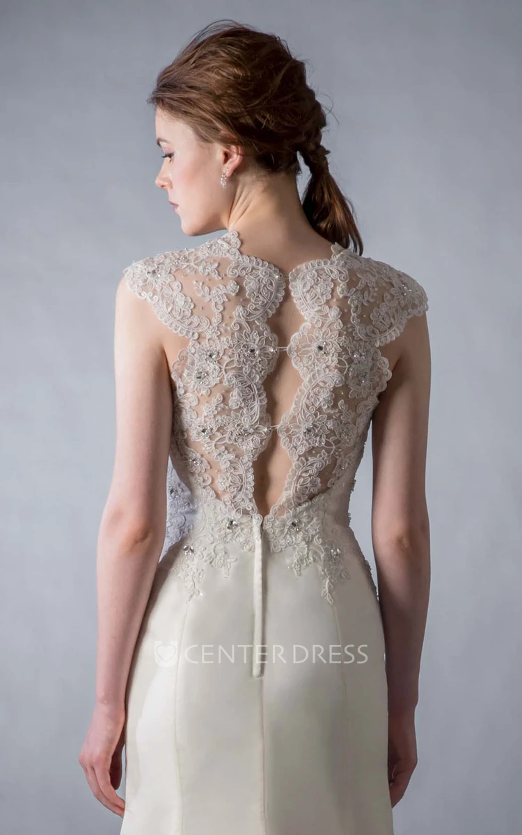 Sheath Jewel Floor-Length Cap-Sleeve Appliqued Satin Wedding Dress With Illusion Back And Beading