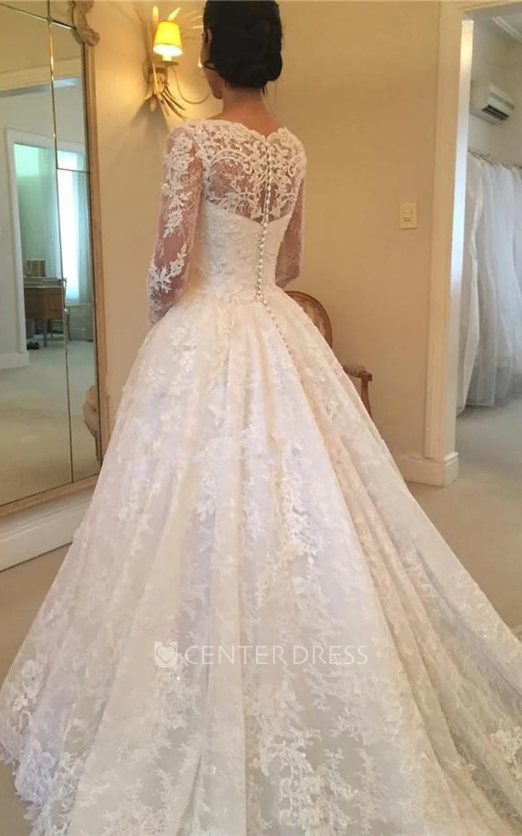 Elegant Lace Illusion Sleeve Floor-length Bridal Gown with Cathedral Train