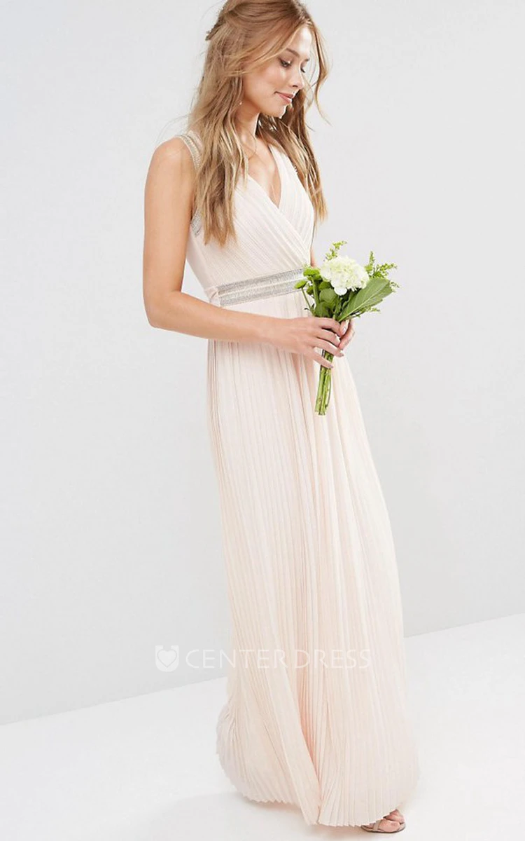 Sheath V-Neck Floor-Length Beaded Sleeveless Chiffon Bridesmaid Dress With Ruching And Bow
