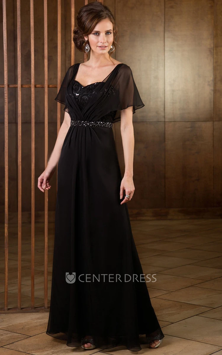 Short-Sleeved A-Line Floor-Length Mother Of The Bride Dress With Sequins