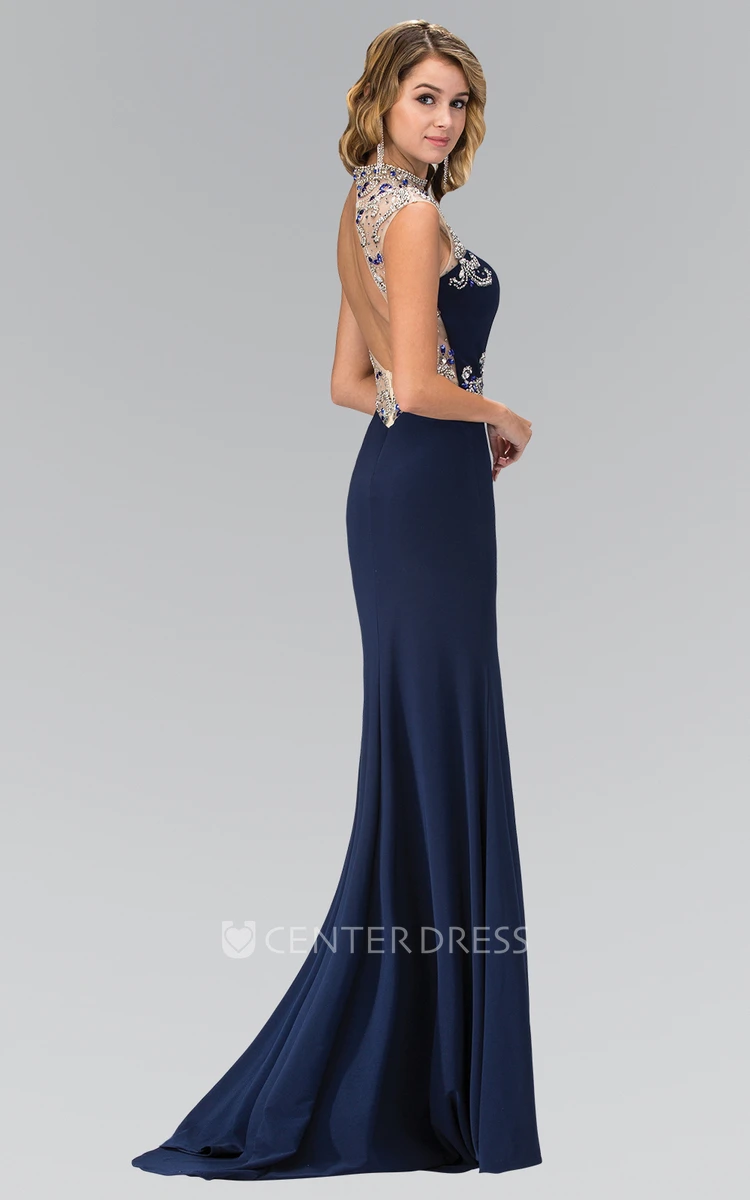 Sheath Halter Sleeveless Jersey Backless Dress With Beading And Split Front