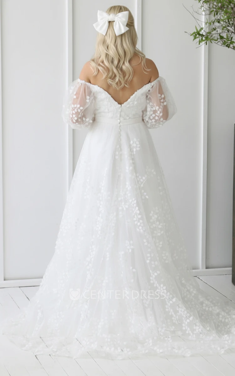 Ethereal A-Line Off Shoulder Bridal Gown with Puffy Sleeves and Floral Lace for Garden Ceremony