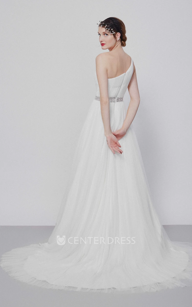 One-Shoulder Maxi Jeweled Chiffon Wedding Dress With Sweep Train